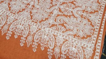 Orange pashmina shawl with wide white embroidery four sided...PROMO Price : 5