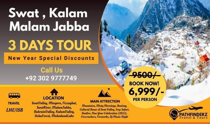 Enjoy 𝗗𝗜𝗦𝗖𝗢𝗨𝗡𝗧 offer for 3 Days New Year Swat Trip. Discount: 𝘙𝘦𝘨𝘶𝘭𝘢𝘳 𝘗𝘳𝘪𝘤𝘦: 950